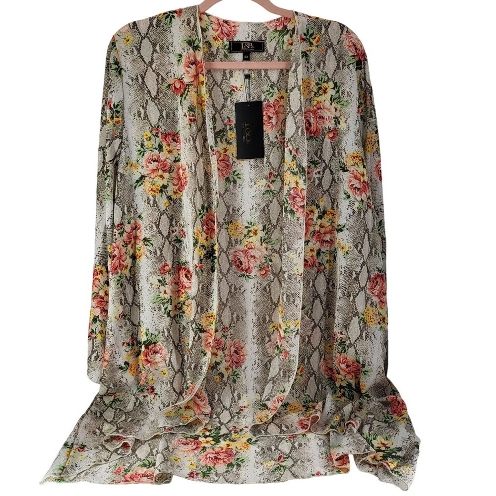 Lucky & Blessed Snake Print Floral Kimono Cardigan 2X NWT - Picture 1 of 6